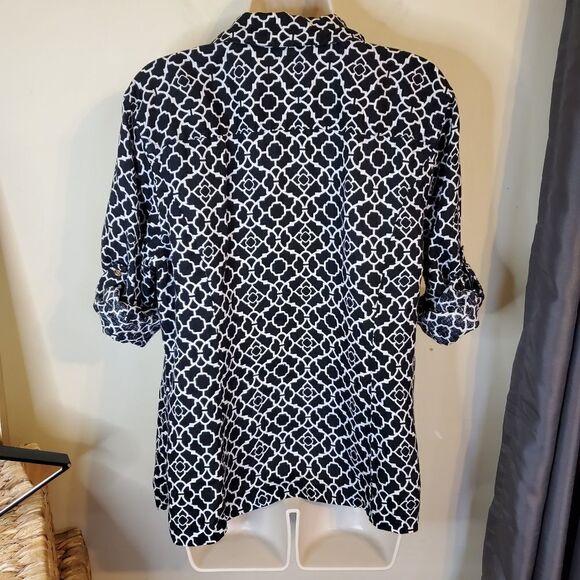 100% Linen Black & White Button Down Shirt w Roll Sleeves - Picture 7 of 13